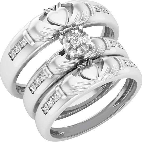 Dazzlingrock Collection 0.14 Carat Round Lab Grown White Diamond Claddagh Matching Wedding Trio Ring Set for Him & Her in 10K Solid Gold