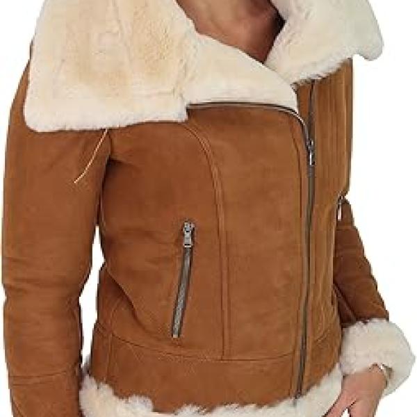 Womens Genuine Sheepskin Jacket Double Face TAN Merino Shearling Aviator Coat - Alexa