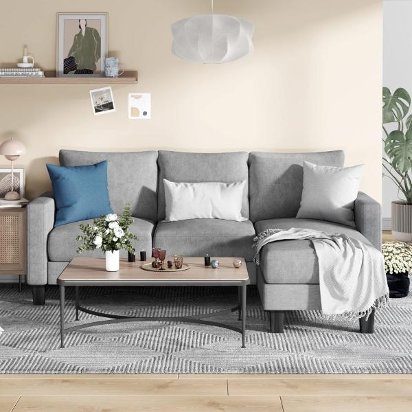 YESHOMY Convertible Sectional 3 L-Shaped Couch Soft Seat with Modern Linen Fabric, Small Space Sofas for Living Room, Apartment and Office, 70'', Gray